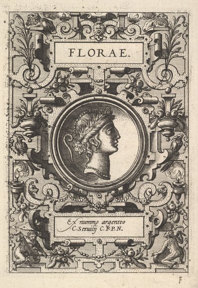 Buste van Florae omringd door bandwerk, uit de serie Deorum dearumque door Unbekannt