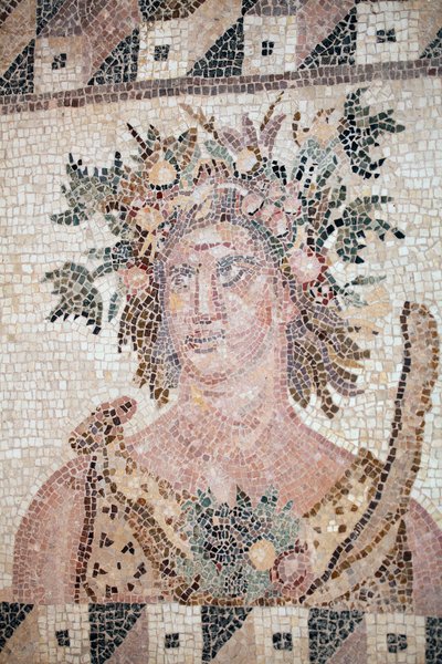 Buste van de Lente - Detail van het Vier Seizoenen paneel - Paphos mozaïeken, Huis van Dionysos - Cyprus - Personificatie van de Lente - Detail van het mozaïek van de vier seizoenen - Mozaïeken van Paphos, Huis van Dionysus - Eind II eeuw na Christus - UNE door Unbekannt