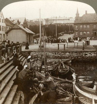 Vis kopen in een drukke Arctische handelsport, Tromsø 69° 38 N. Br., Noord-Noorwegen, 1902 door Unbekannt