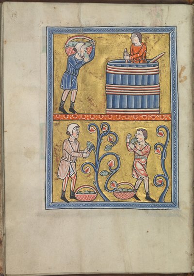 Kalender, september, mannen die druiven plukken en treden - Psalter van Eleanor van Aquitanië (ca. 1185) - KB 76 F 13, folium 009v door Unbekannt