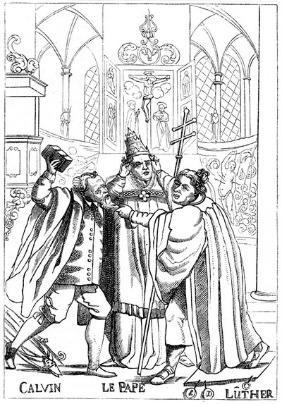 Calvijn, Luther en de paus vechten met elkaar, gepubliceerd 1600 door Unbekannt