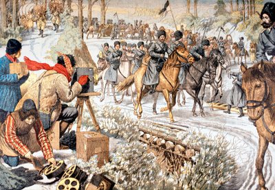 Cameraman filmt Russische troepen in Mantsjoerije voor een vroege nieuwsfilm, Russisch-Japanse Oorlog, 1904 door Unbekannt