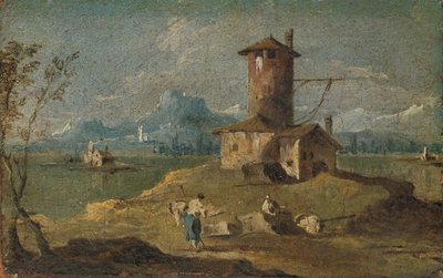 Capriccio met een eiland, een toren en huizen door Unbekannt