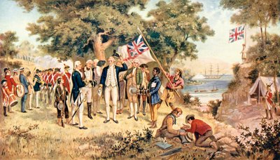 Kapitein James Cook neemt bezit van Nieuw-Zuid-Wales in naam van de Britse Kroon, 1770 door Unbekannt