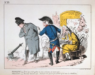 Karikatuur van Napoleon I die de val van de Colonne de Vendome bekijkt, Parijse Commune, 1871 door Unbekannt