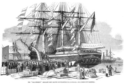 Caroline Chisholm spreekt een menigte toe vanaf het emigrantenschip Ballengeich, 1852 door Unbekannt