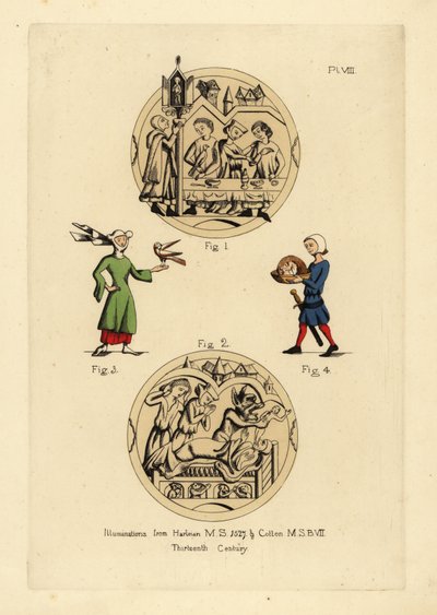 Feest met mannen in cyclas berispt door een man in een juridische kap en capuchon, sterfbedscène met de Duivel die de ziel van een man neemt, vrouw in sluier en hoed met cointose sjaal en vogel, beul van Johannes de Doper met zijn hoofd op een schaal door Unbekannt
