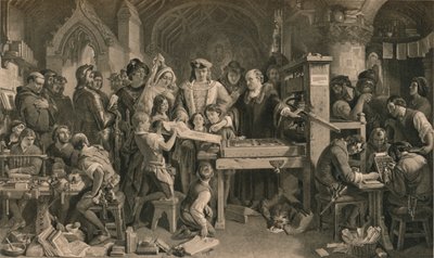 Caxton toont het eerste specimen van zijn drukwerk aan Koning Edward IV in Westminster, ca. 1477, 1905 door Unbekannt