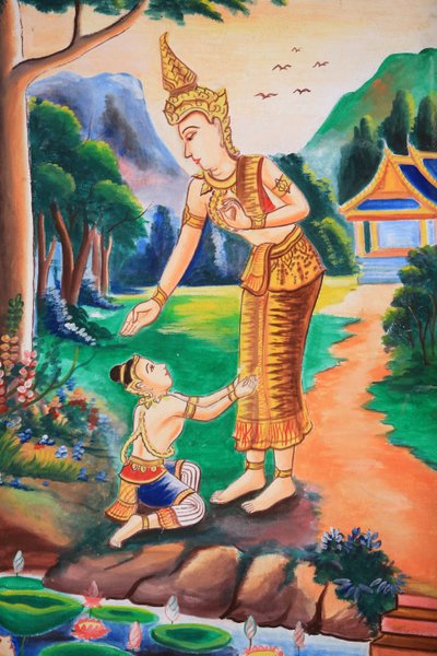 Plafondkunstwerk dat het leven van Boeddha afbeeldt, Wat Si Sou Mang Karam-tempel, Vieng Vang, Laos door Unbekannt