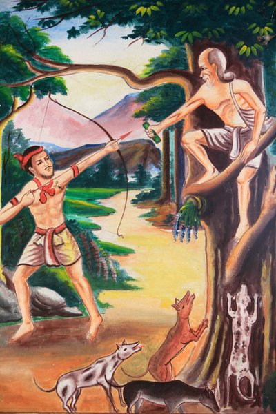 Plafondkunstwerk dat het leven van Boeddha afbeeldt, Wat Si Sou Mang Karam-tempel, Vieng Vang, Laos door Unbekannt