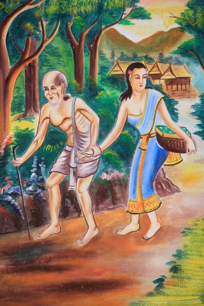 Plafondkunstwerk dat het leven van Boeddha afbeeldt. Wat Si Sou Mang Karam tempel. Vieng Vang, Laos, 20151102, Vieng Vang, Laos door Unbekannt