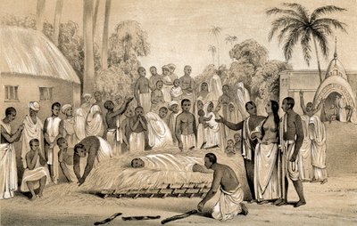 Ceremonie van het verbranden van een hindoeïstische weduwe met het lichaam van haar overleden echtgenoot, 1847 door Unbekannt
