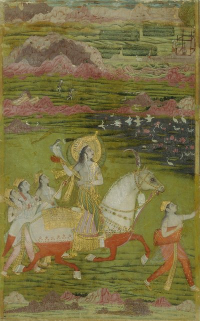 Chand Bibi Jagen met Begeleiders in een Landschap door Unbekannt