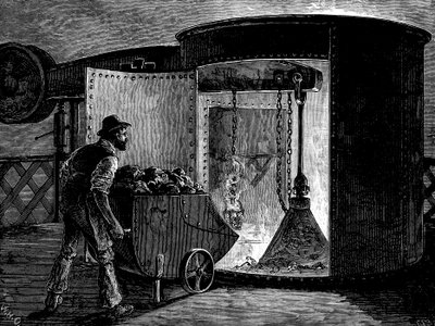 Het laden van een hoogoven bij de Govan Iron Works, Schotland, ca. 1885 door Unbekannt