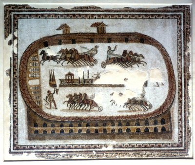 Wagenrace in de arena, Romeins mozaïek, 2e eeuw door Unbekannt