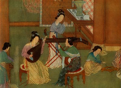 Chinese luit pi-pa, maangitaar yue-chin en tafelciter tchin, detail van een schilderij op zijde door Unbekannt