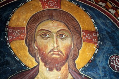 Christus en het Laatste Oordeel Detail van de Byzantijnse fresco van het Narthex gewelf van de kerk van Asinou Laatste oordeel scène 14e eeuw (1332) UNESCO, werelderfgoed Troodos regio, Cyprus door Unbekannt