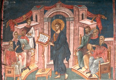 Christus in de synagoge van Nazareth, ca 1350 door Unbekannt