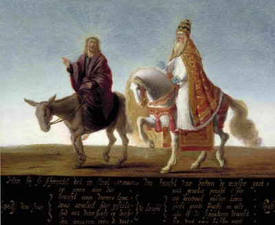 Christus op een ezel, de paus te paard door Unbekannt