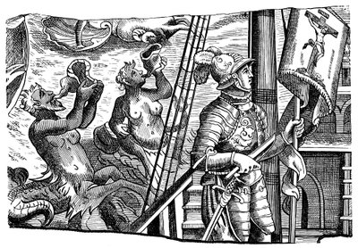 Christoffel Columbus tijdens zijn reis naar Amerika, gravure, ca. 1500 door Unbekannt