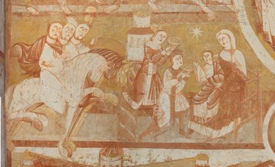 Kerk (Église Saint-Martin). Interieur. Muurschilderingen (fresco). Westmuur van het schip. Detail. Aankomst van de wijzen, aanbidding der wijzen. 12e eeuw door Unbekannt