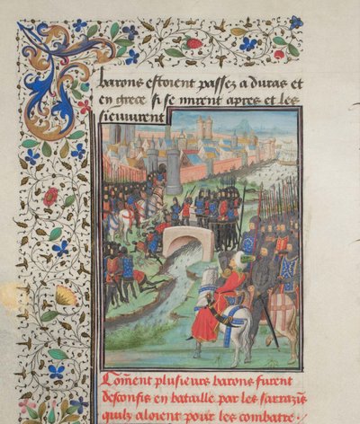 Botsing van het leger van de baronnen en de Saracenen. Miniatuur uit de Historia van Willem van Tyrus, 1460s door Unbekannt