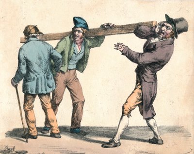 Onhandige man die een stuk hout draagt door Unbekannt