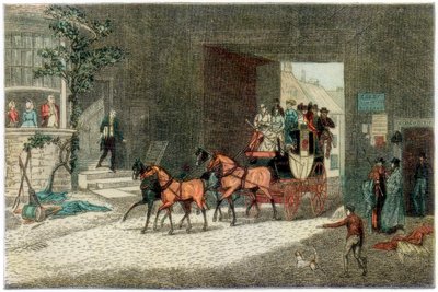 Koets arriveert op de binnenplaats van een herberg, 1890 door Unbekannt