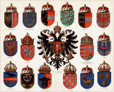 Wapenschilden van de provincies van Oostenrijk-Hongarije en klein Oostenrijks nationaal wapen, ca. 1907 door Unbekannt