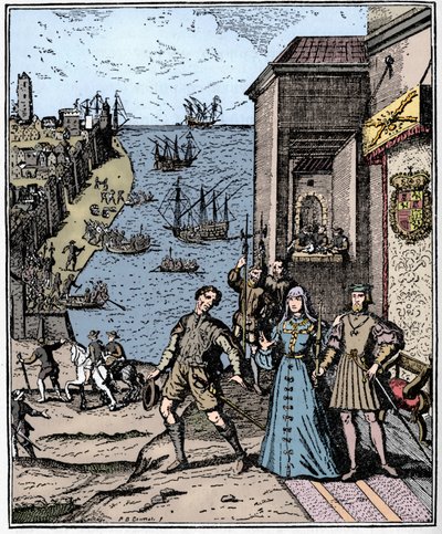 Columbus met Ferdinand en Isabella, 3 augustus 1492 door Unbekannt