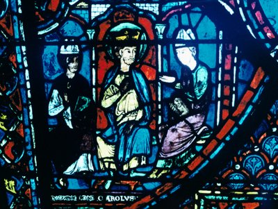 Brief van Constantijn gepresenteerd aan Karel de Grote, glas-in-lood, Kathedraal van Chartres, Frankrijk, ca 1225 door Unbekannt