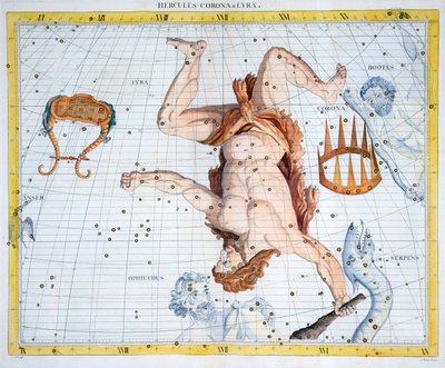 Constellaties van Hercules, Corona en Lyra, 1729 door Unbekannt