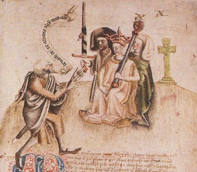 Kroning van Koning Alexander III op Moot Hill, Scone. Uit manuscript van de Scotichronicon door Walte door Unbekannt