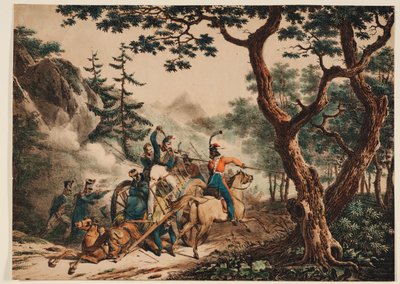 Kozakken die Franse soldaten aanvallen in een bos, 1825 door Unbekannt