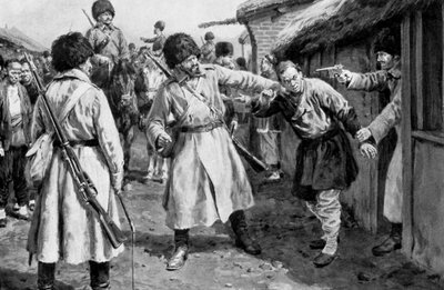 Kozakken zoeken naar Japanse spionnen in een Mantsjoerijse dorp, Russisch-Japanse oorlog, 1904-5 door Unbekannt