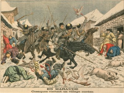 Kozakken terroriseren een Koreaans dorp, Russisch-Japanse oorlog, 1904 door Unbekannt