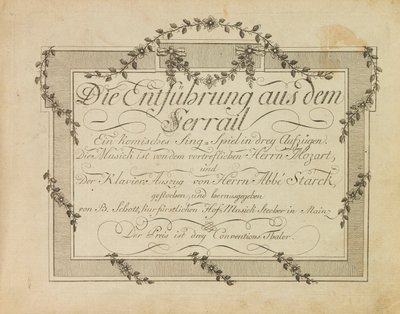 Omslag van de eerste editie van de opera De ontvoering uit het serail door Mozart door Unbekannt