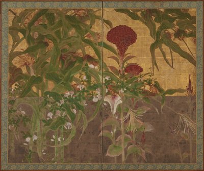 Hanekammen, maïs en ochtendglorieën, Momoyama-periode, 17e eeuw door Unbekannt