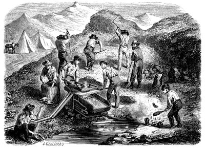 Goud zoeken in de Californische goudvelden, 1849 door Unbekannt