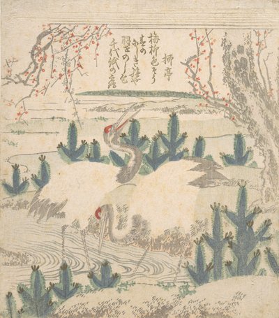 Kraanvogels tussen jonge dennen bij een stroom, ca. 1830 door Unbekannt