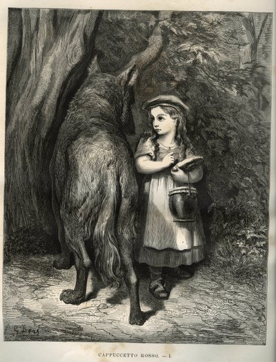 Tijdens het oversteken van het bos ontmoet Roodkapje de wolf. Gravure door Gustave Doré (1832-1883) uit 