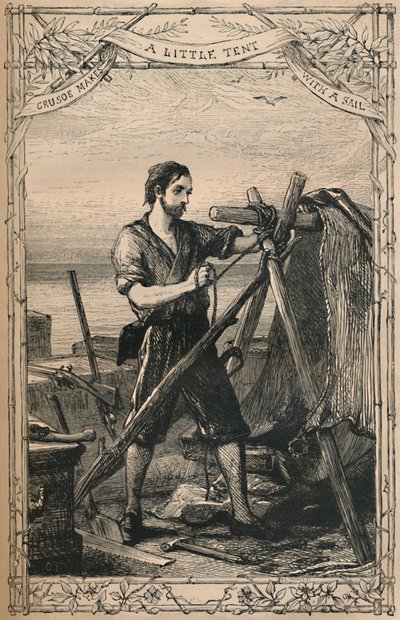 Crusoe maakt een kleine tent met een zeil, ca. 1870 door Unbekannt