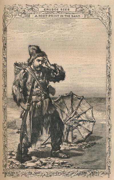 Crusoe ziet een voetafdruk in het zand, ca. 1870 door Unbekannt