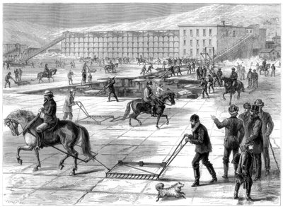 IJs snijden en opslaan op de Hudson River, New York, VS, 1875 door Unbekannt