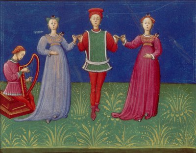 Danslessen. Uit: De pratica seu arte tripudii Over de praktijk of kunst van het dansen, 1463 door Unbekannt
