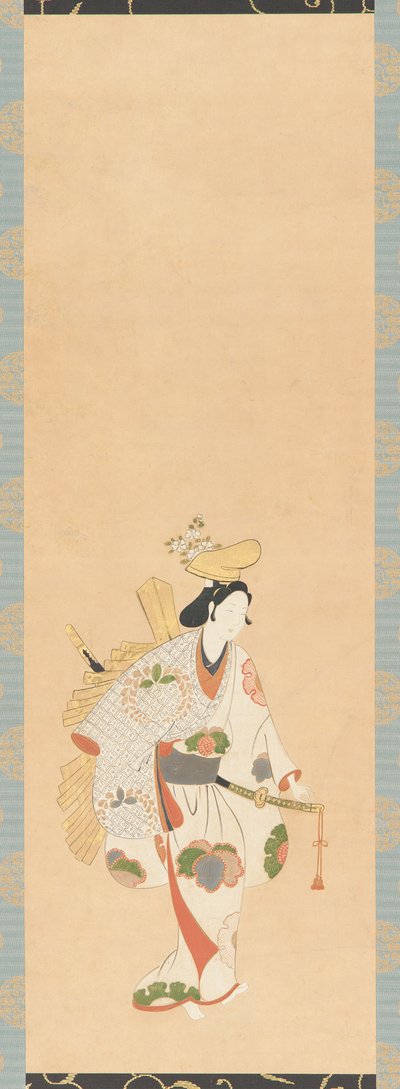 Danser in een witte jurk, versierd met gekleurde bladeren..., Edo-periode, Kambun-tijdperk, 1661-1673 door Unbekannt