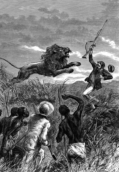 David Livingstone, Schotse missionaris en Afrikaanse ontdekkingsreiziger, aangevallen door een leeuw, ca. 1860 door Unbekannt