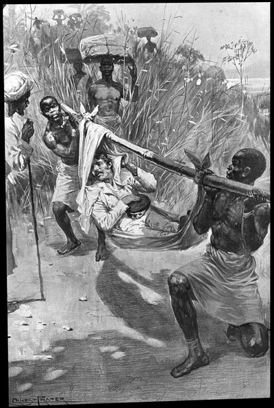 David Livingstone wordt door de jungle gedragen op een geïmproviseerde brancard door Unbekannt