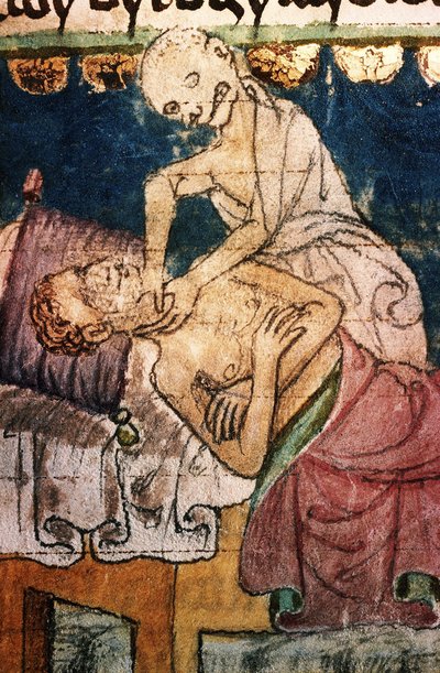 De dood wurgt een slachtoffer van de pest. Uit de Stiny Codex, 14e eeuw door Unbekannt