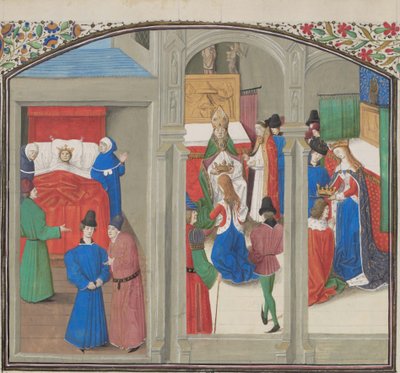 Dood van Baldwin IV. Kroning van Guy van Lusignan. Miniatuur uit de Historia door Willem van Tyrus, 1460s door Unbekannt